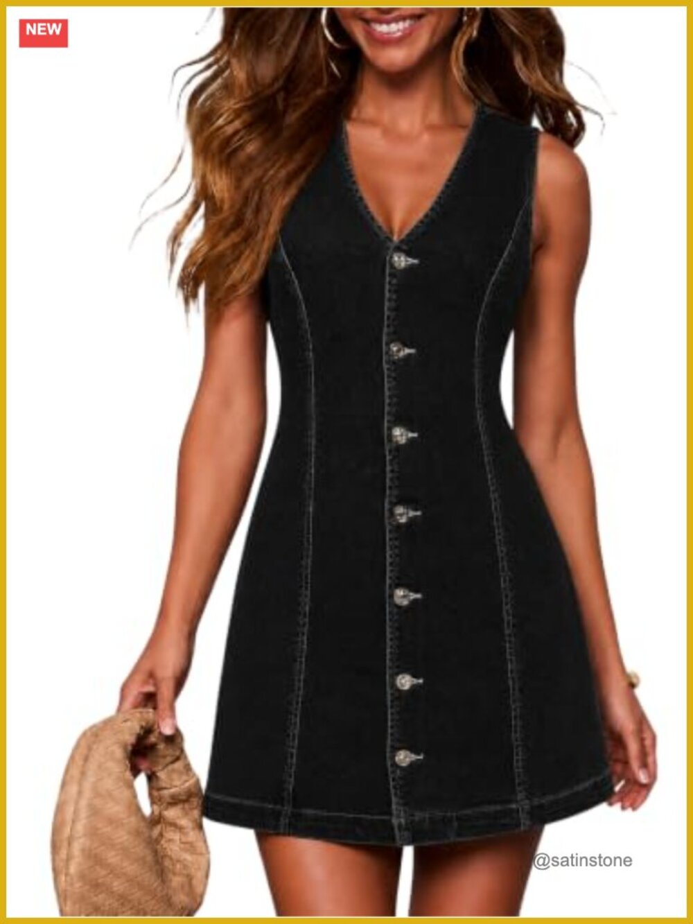 Sleeveless Denim Dress V-Neck Button Down Relaxed Cotton Denim Casual